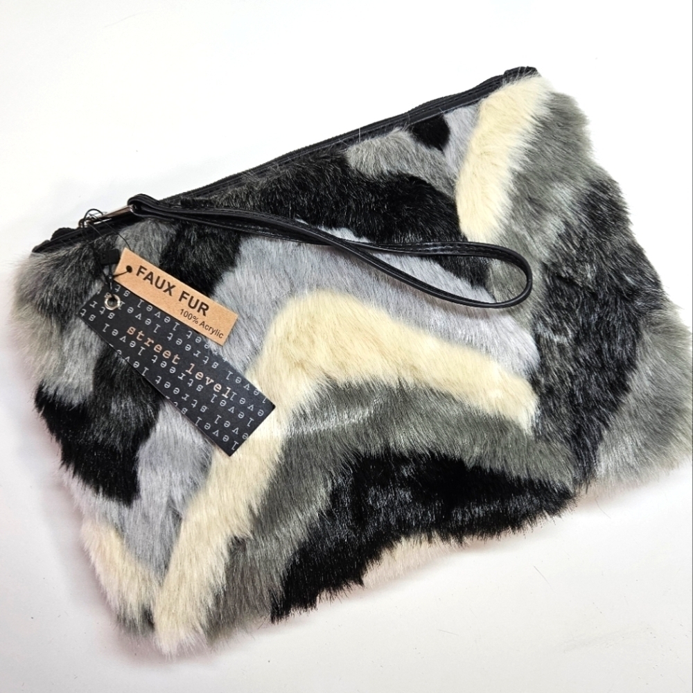 NEW Street Level Faux Fur Large Clutch Bag Black Gray White